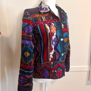 Chicos Design Vintage Embroidered Artsy Silk Patchwork Denim Jacket Size S/M